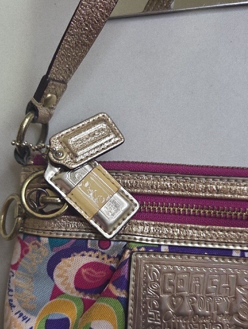 Coach Poppy Multicolor Signature Wristlet with Metallic Gold Trim - Picture 3 of 7